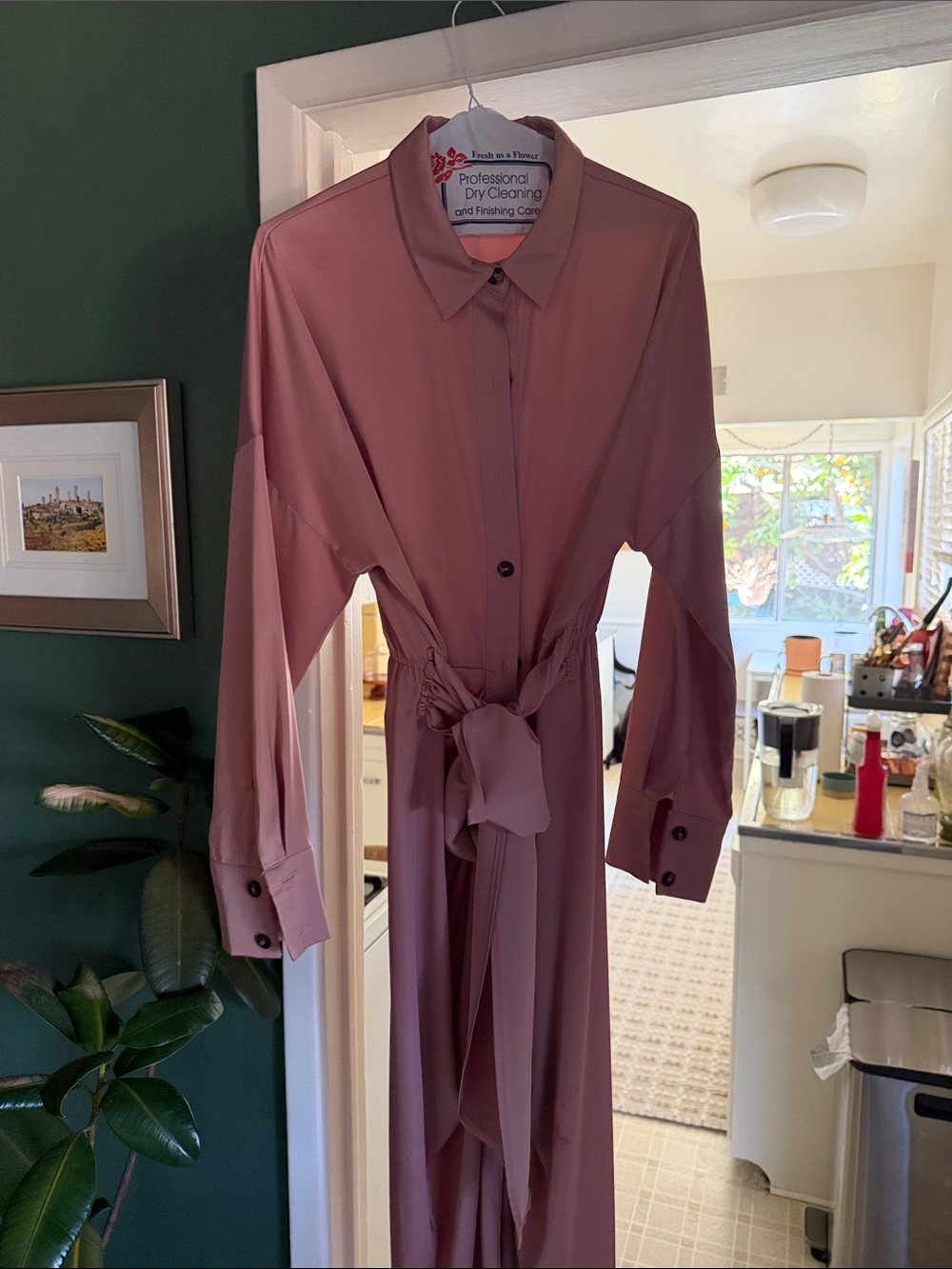 Mauve Long Sleeve Maxi Shirt Dress with Tie Waist